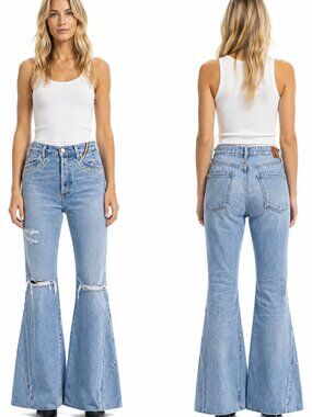 Jean Atelier Distressed Embroidered Flare Wide Leg Jeans Women Light Wash Siz 28